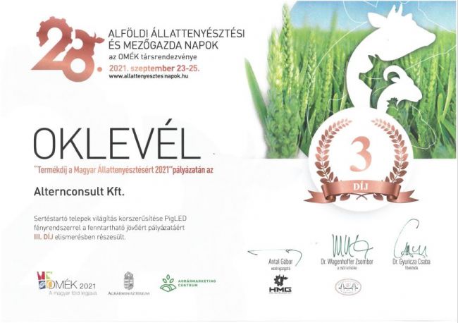 Állattenyésztésért termékdíj 2021 3. helyezett Altenconsult Kft PigLED fényrendszer termékdíj